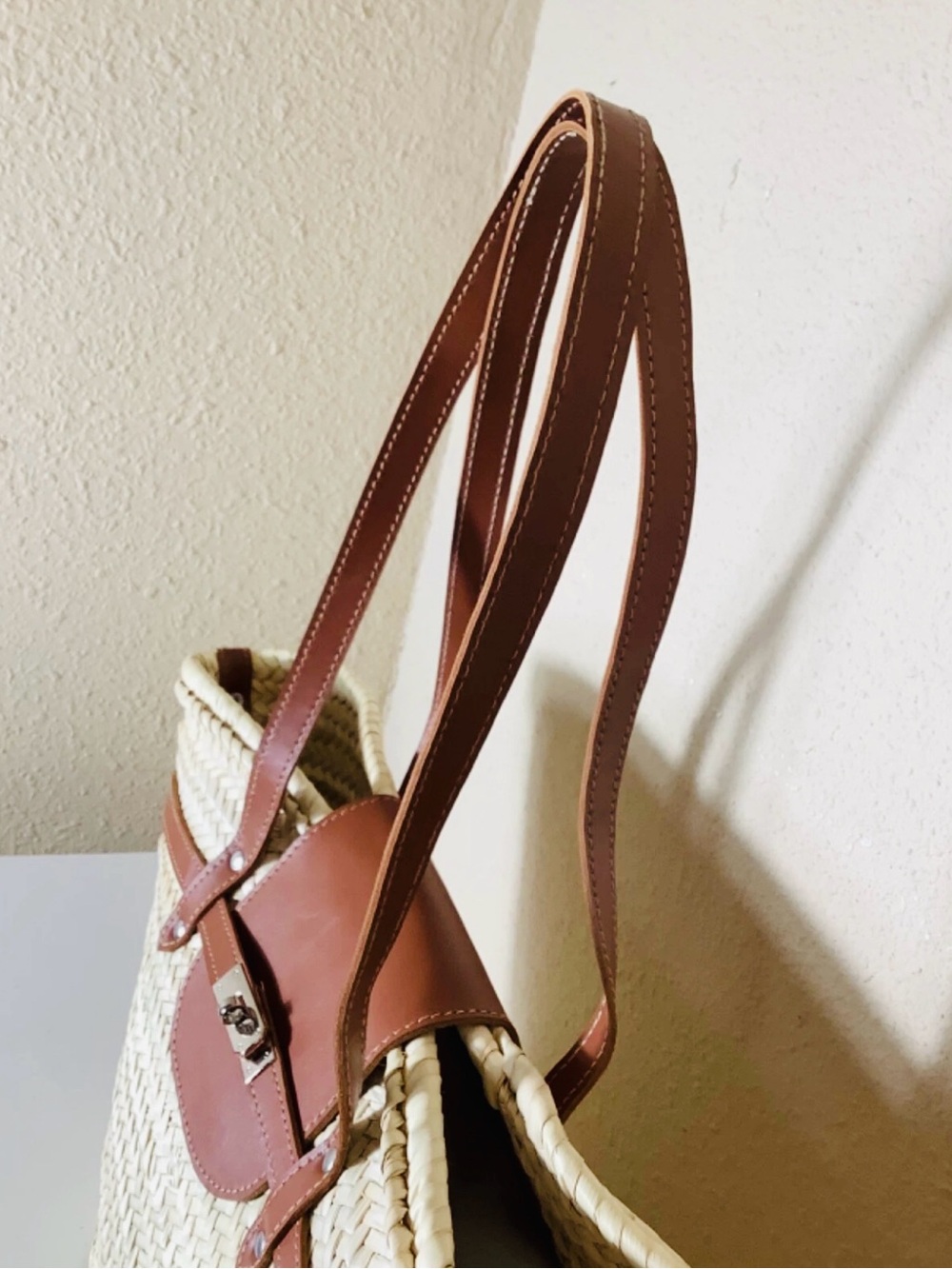 Moroccan Handmade straw french baskets with removable leather straps -Size Large - Picture 7 of 13